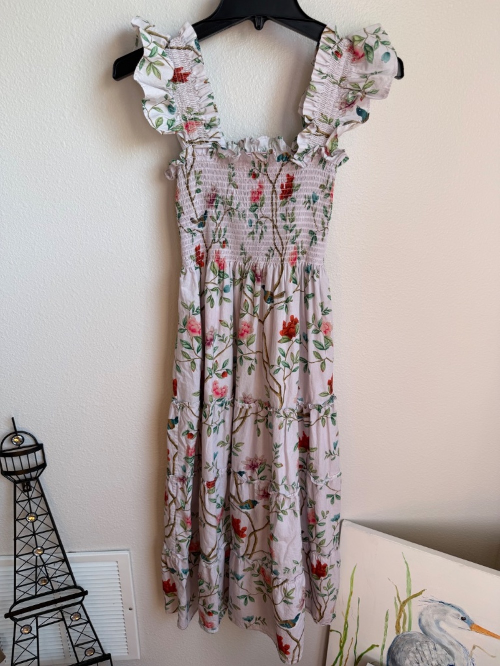 Hill House Home x Diane Hill Ellie Nap Dress Pink Floral Bird Print Smocked Midi - Picture 4 of 11